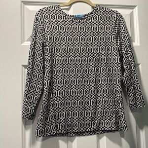 J Mc Laughlin black taupe/grey &white poly large top large